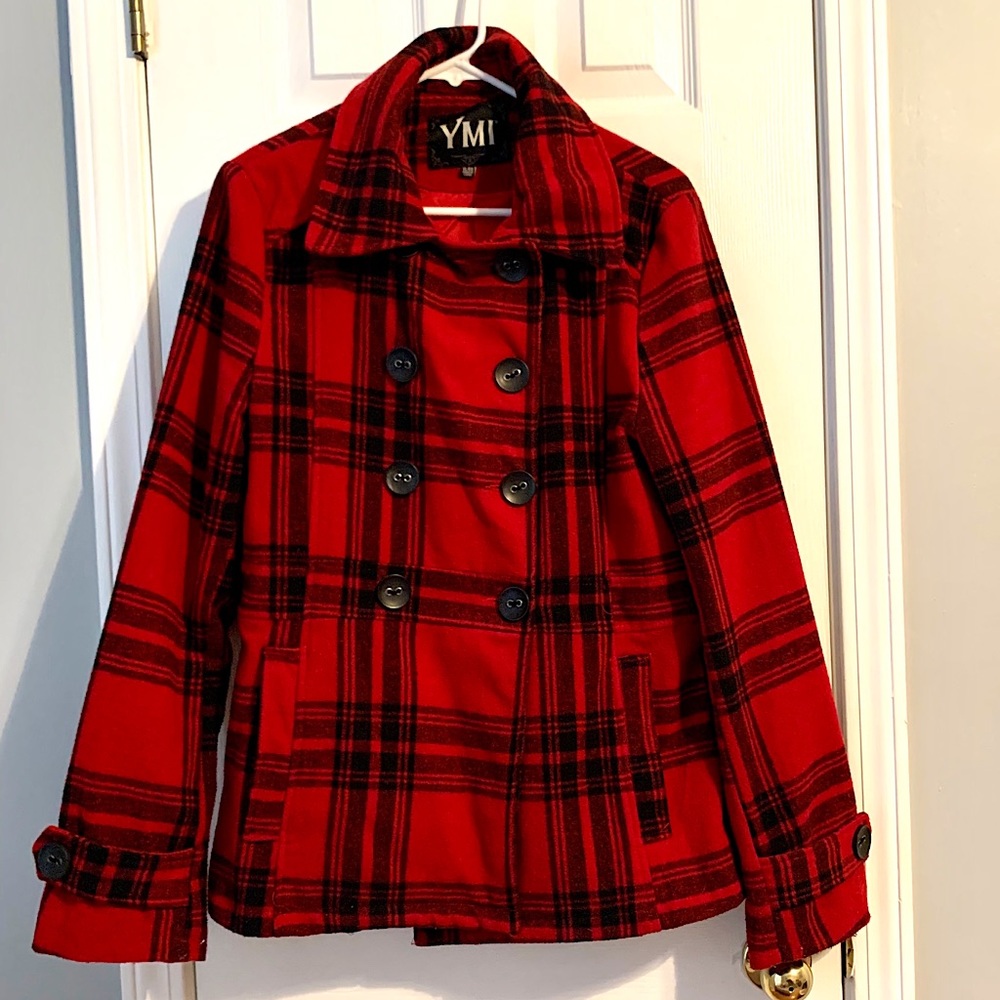 YMI Red & Black Plaid Peacoat Juniors XL
